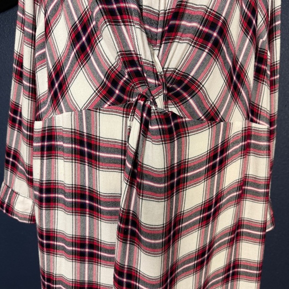 Lane Bryant Dark Pink/Red & Black Plaid Twist-front Illusion Tunic Top | Size 28 - Picture 3 of 10